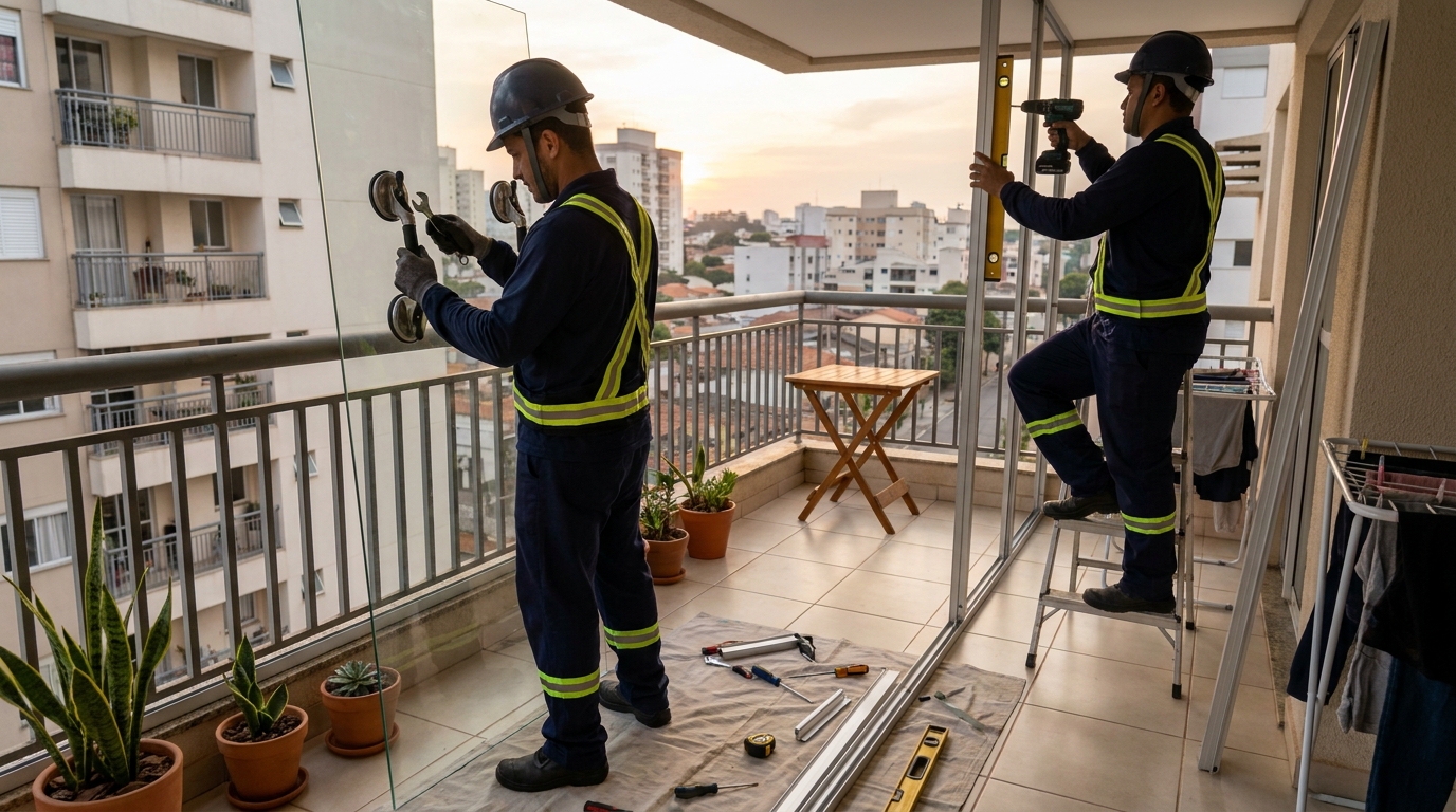 Instalação de parede de vidro em sacada em Goiânia-GO