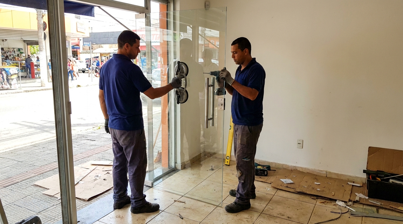 Porta de vidro de loja em rua movimentada em Goiânia-GO